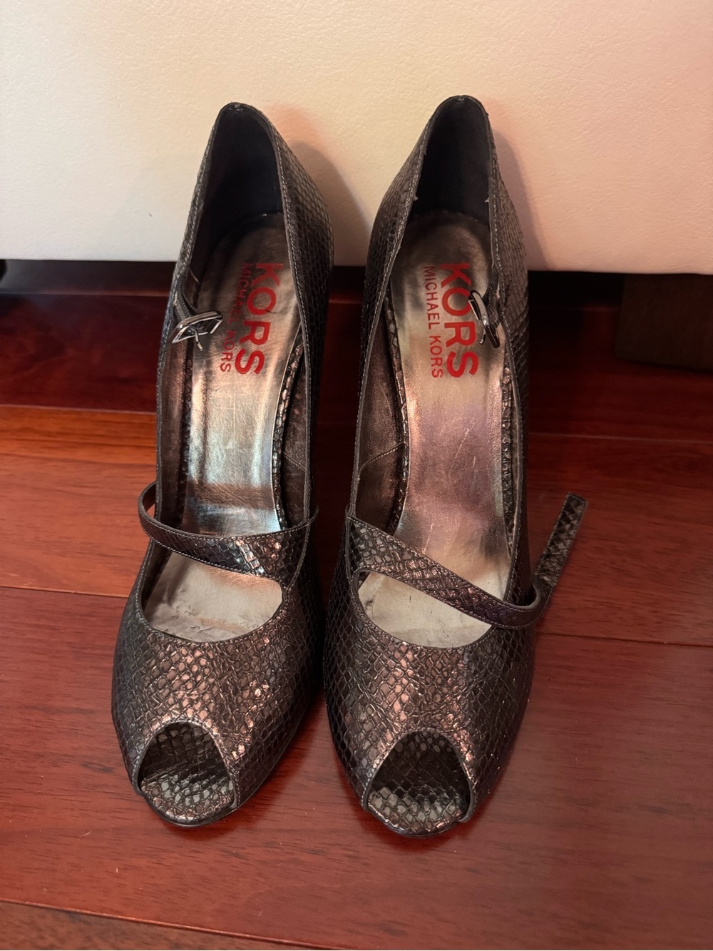 Michael Kors Metallic Black/Pewter Textured Snakeskin Peep-Toe Heels with Strap